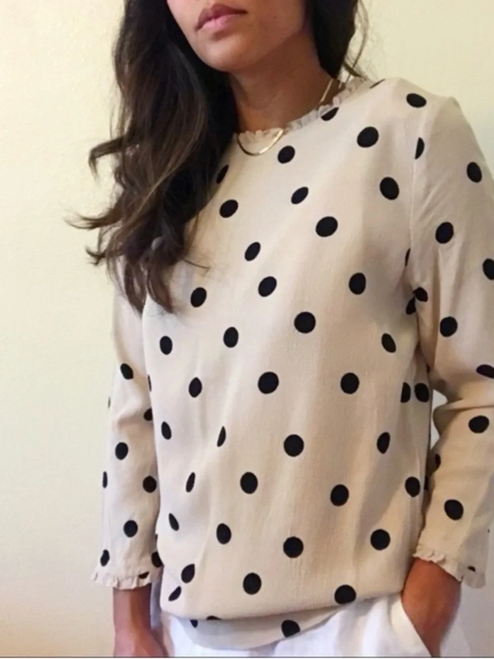 Kate Spade Polka Dot Blouse Cream Black Size XS Ruffle Detail